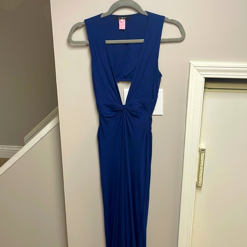 Floor length navy cutout cotton dress